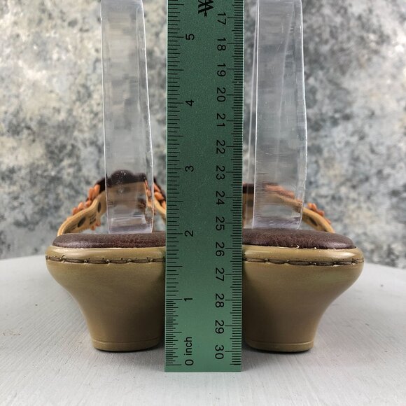 Born Women's Size 9 Brown Leather Flower Applique Open Toe Slip On Heeled Sandal - Picture 7 of 14